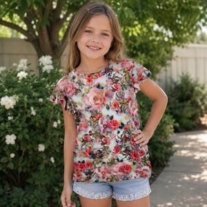 Molo Neona Girls 7/8 Floral Flutter Sleeve Top‎ Sequins Flowers Stretch 122/128
